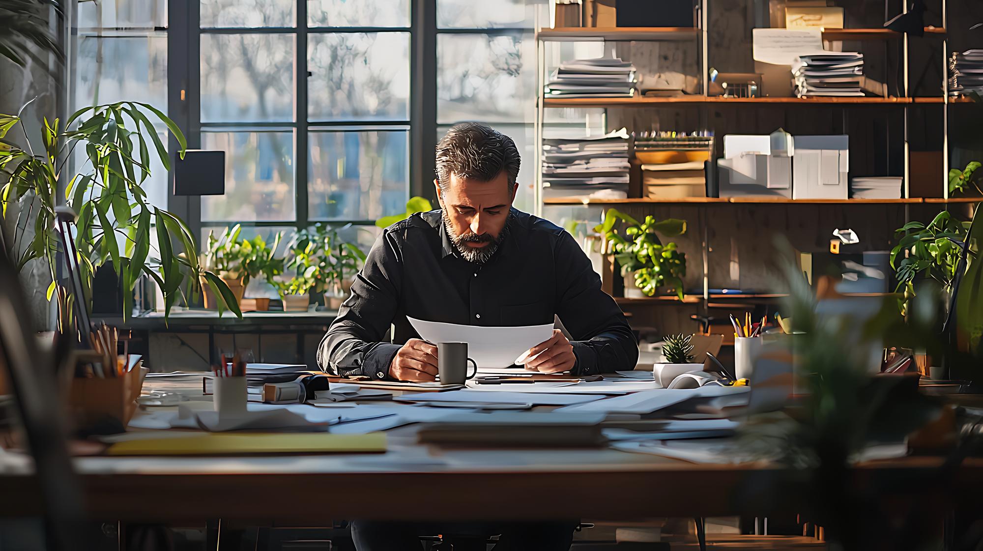 Person arbeitet am Schreibtisch mit Finanzunterlagen